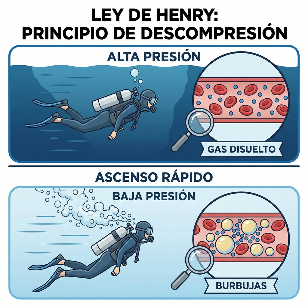 Ilustración de la Ley de Henry en el buceo