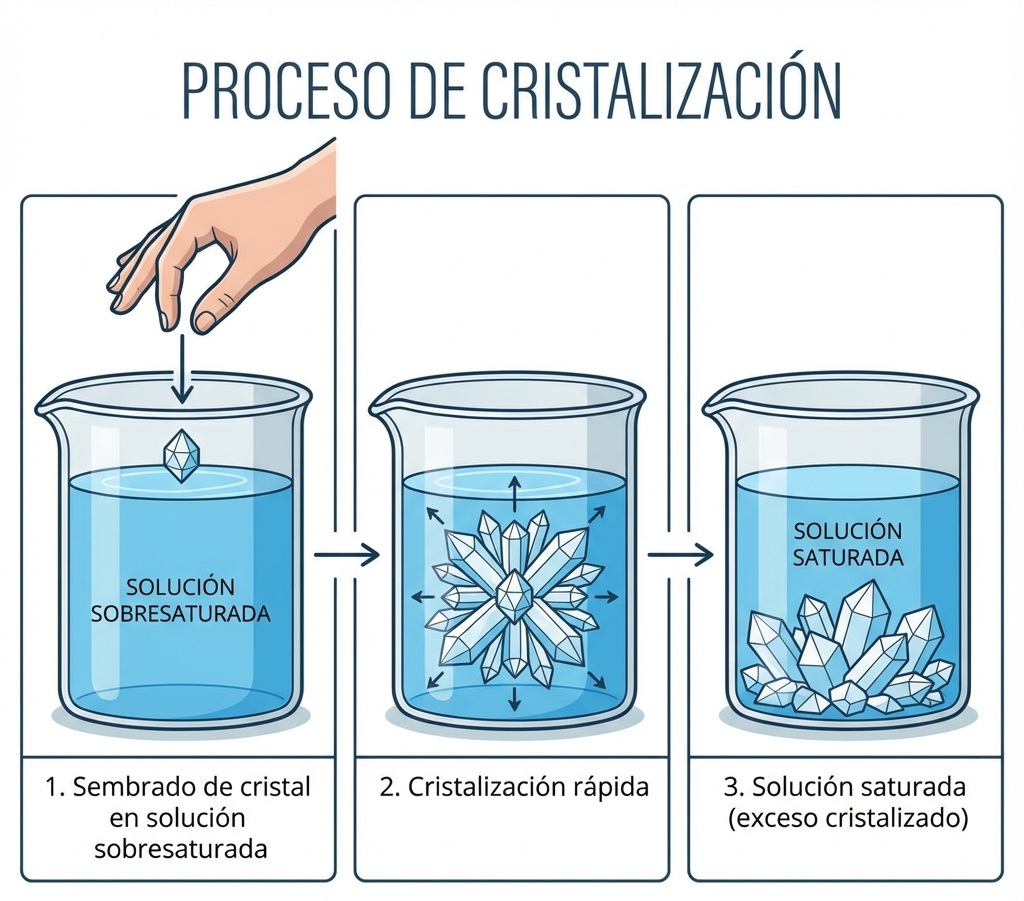 Diagrama de cristalización: 1. Solución sobresaturada, 2. Cristalización rápida, 3. Solución saturada.