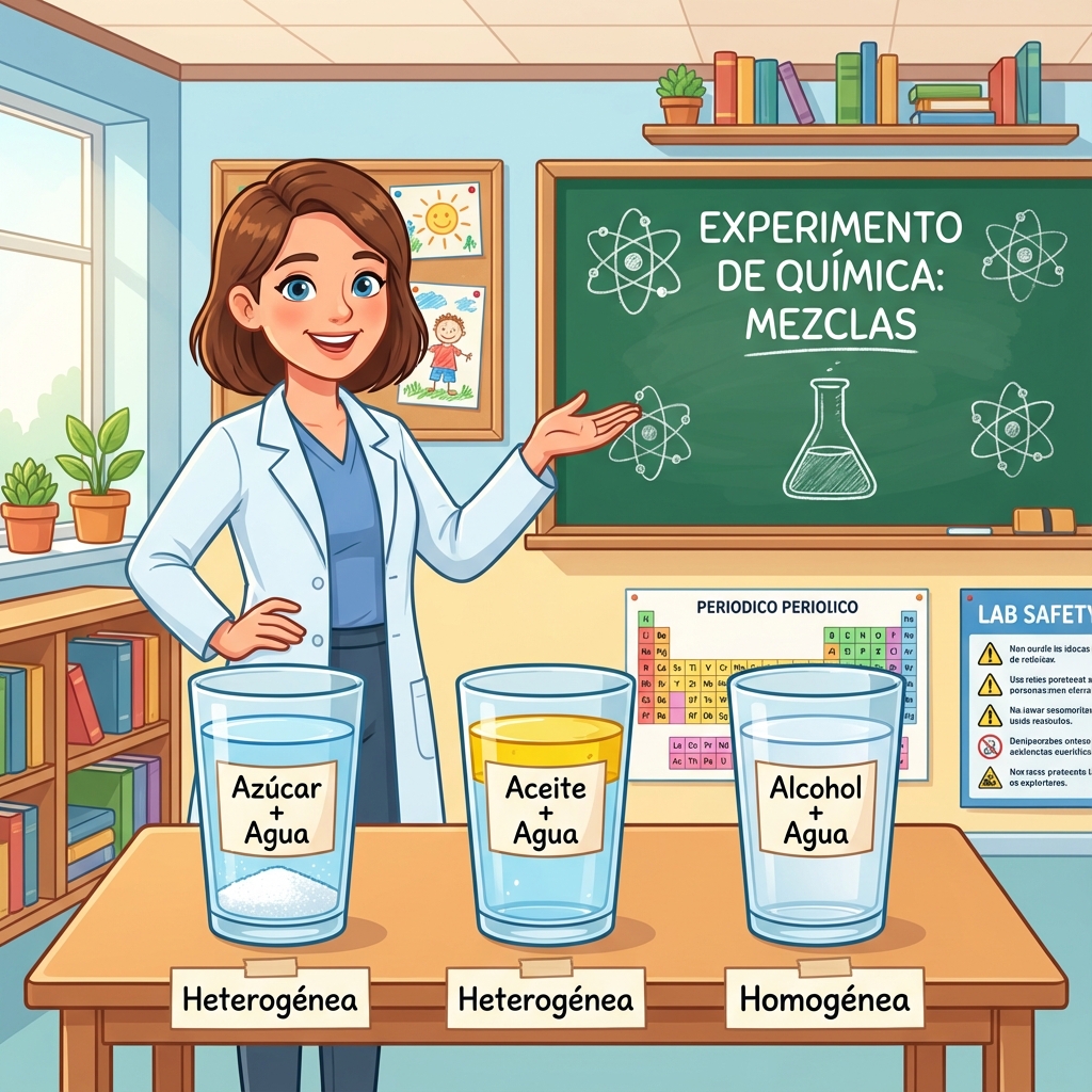 Experimental setup 1B: Sugar with precipitate (heterogeneous), Oil floating (heterogeneous), Alcohol fully mixed (homogeneous)